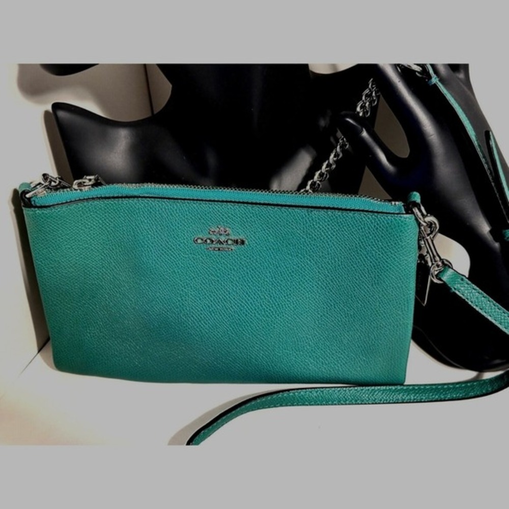 Coach Crossbody Bag Teal‎ Green Crossgrain Leather Silver Chain Strap  Y2K 40-14 - Picture 4 of 11